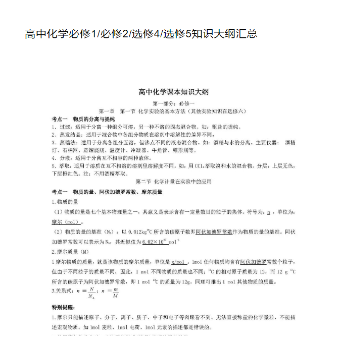 高中化学必修1-必修2-选修4-选修5知识大纲汇总  评论  85 A+ 所属分类：高中化学